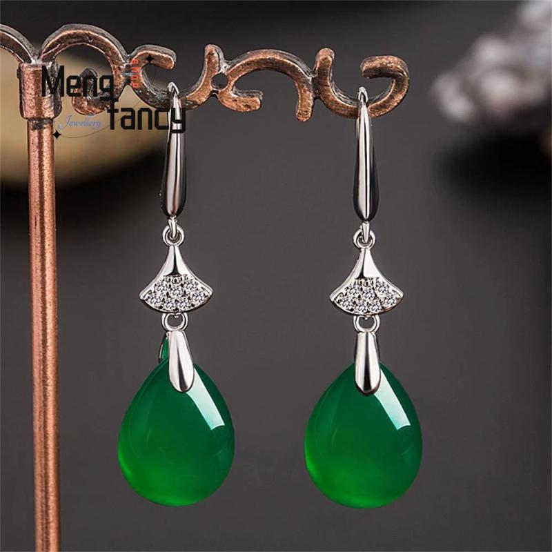 Green Jade Chalcedony Water Drop Earrings 925 Silver Statement Jewelry