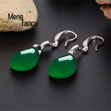 Green Jade Chalcedony Water Drop Earrings 925 Silver Statement Jewelry