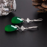 Green Jade Chalcedony Water Drop Earrings 925 Silver Statement Jewelry