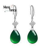 Green Jade Chalcedony Water Drop Earrings 925 Silver Statement Jewelry