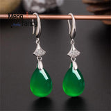 Green Jade Chalcedony Water Drop Earrings 925 Silver Statement Jewelry