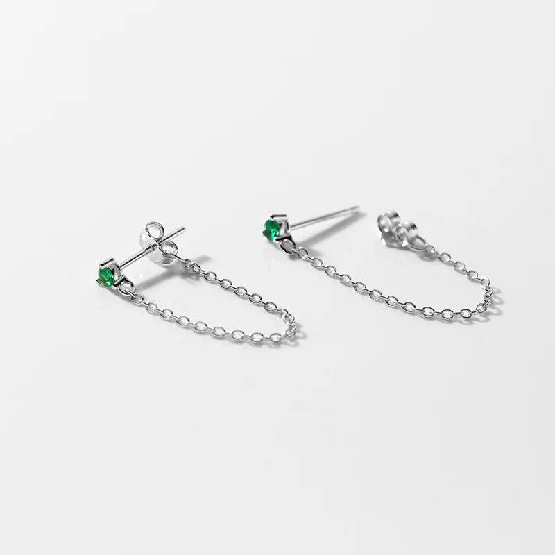 925 Silver Green Zircon Chain Tassel Earrings Wedding Gift