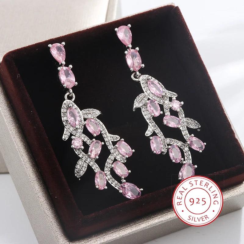 925 Silver Pink Zirconia Leaf Earrings Romantic Wedding Dangle Jewelry