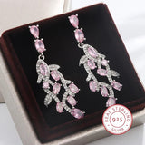 925 Silver Pink Zirconia Leaf Earrings Romantic Wedding Dangle Jewelry