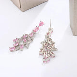 925 Silver Pink Zirconia Leaf Earrings Romantic Wedding Dangle Jewelry