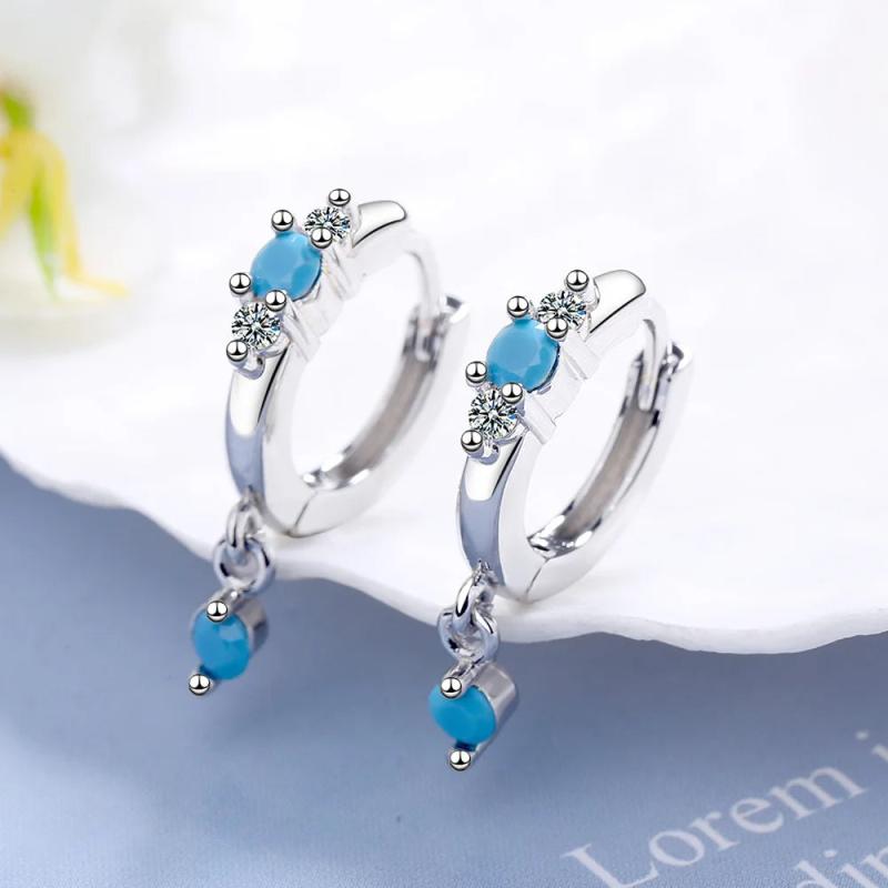 Vintage Natural Turquoise Hoop Earrings 925 Silver Needle Earring
