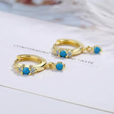 Vintage Natural Turquoise Hoop Earrings 925 Silver Needle Earring