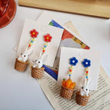 Funny Rabbit Eating Radish Earrings 925 Silver Needle Long Ear Clips