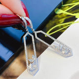 925 Silver CZ Hoop Earrings Rectangle Dangler