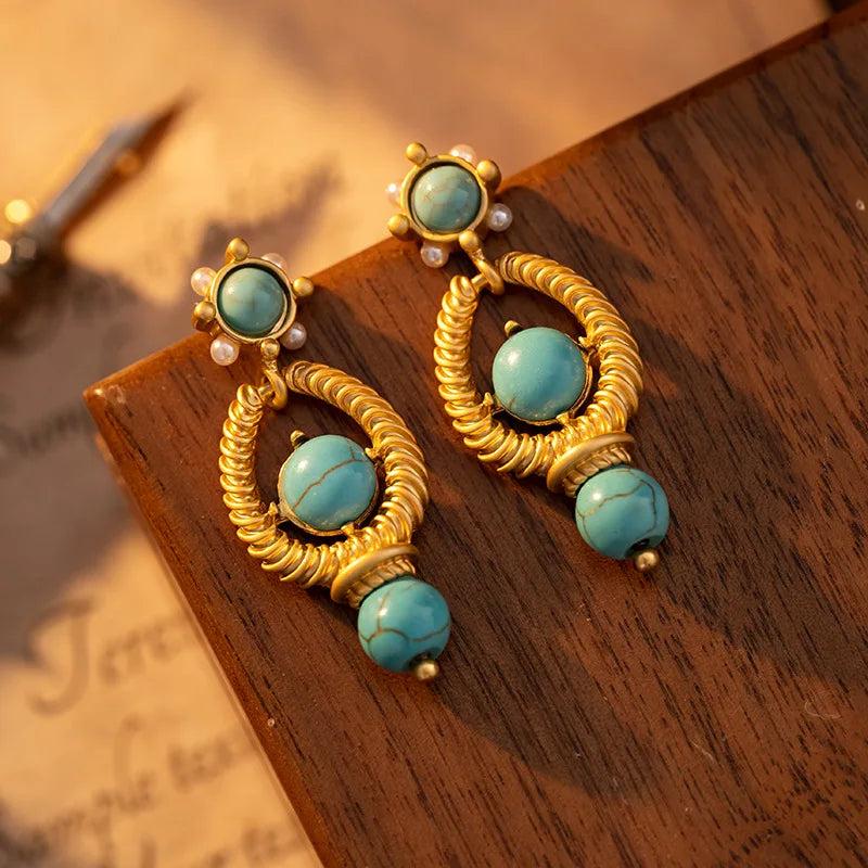 Vintage Metal Green Stone Dangle Earrings 925 Silver Needle Retro Jewelry