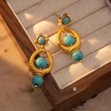Vintage Metal Green Stone Dangle Earrings 925 Silver Needle Retro Jewelry