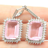 Rectangle Pink Kunzite Sapphire CZ Silver Earrings