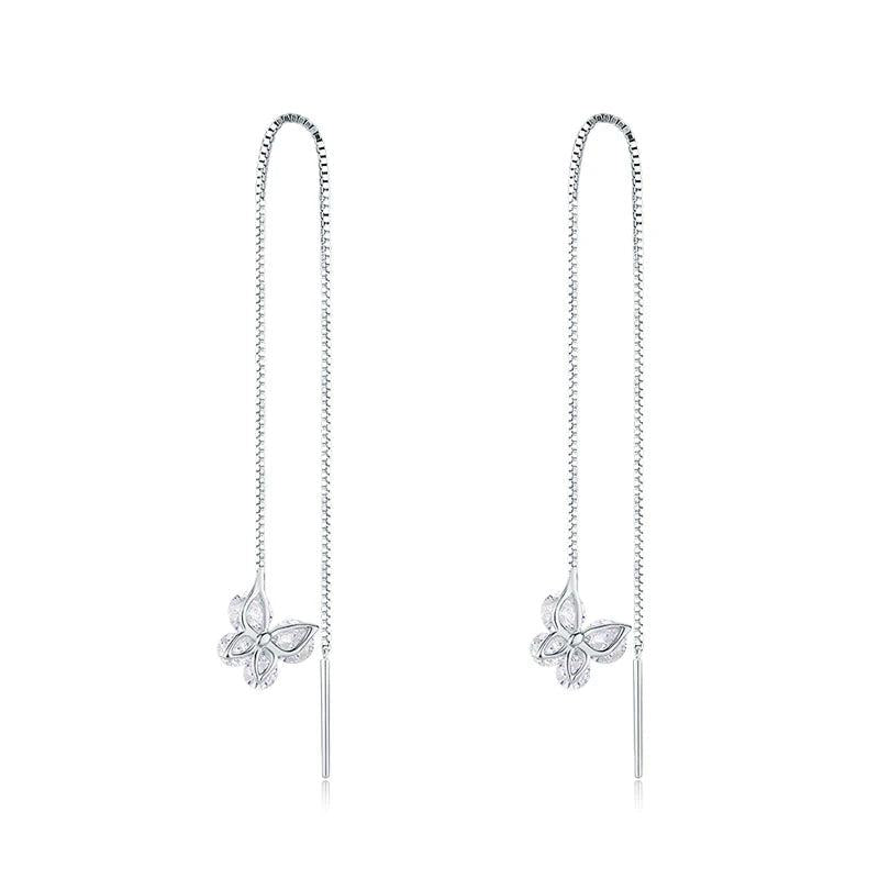 925 Silver CZ Butterfly Tassel Dangle Earrings
