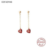 925 Silver Garnet Red Heart Drop Earrings French Chain Piercing Jewelry