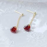 925 Silver Garnet Red Heart Drop Earrings French Chain Piercing Jewelry