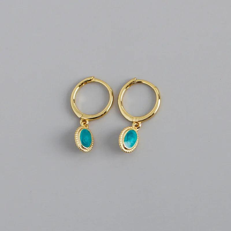 925 Sterling Silver Geometric Starry Sky Green Enamel Drop Earrings