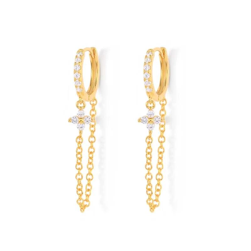 925 Silver Zircon Flower Charm Earrings Purple Crystal Tassel Earrings