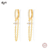 925 Silver Zircon Flower Charm Earrings Purple Crystal Tassel Earrings