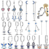 925 Silver Starry Moon Tassel Earrings - Party Hoops Heart Star
