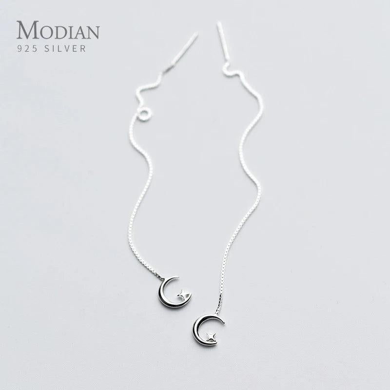 Moon Long Chain Dangle Earrings 925 Sterling Silver Jewelry