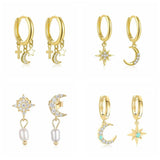 925 Silver Star Moon Earrings Women Girl Ramadan Islamic Jewelry
