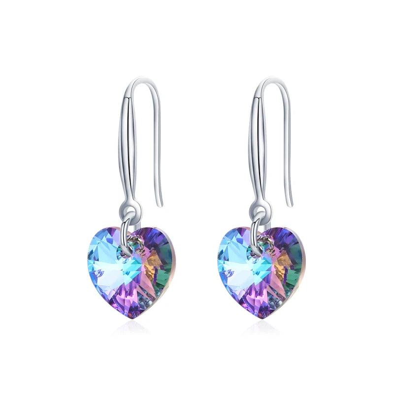 Crystal Heart Drop Earrings 925 Silver Dangle Wedding Jewelry