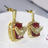 Ruby Butterfly Earrings Crystal Zircon Flower Wedding Jewelry