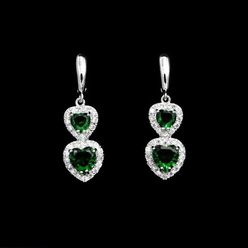 925 Silver Heart Wedding Earrings Green Crystal Women