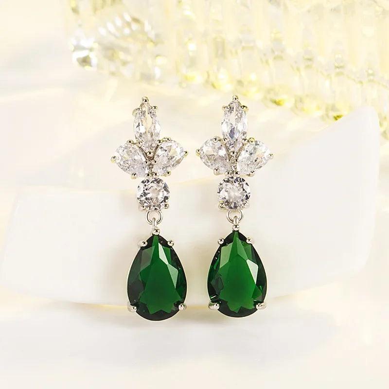 925 Silver Emerald Ring & Earrings Set Green Gemstone Drop Aros Oreja Orecchini