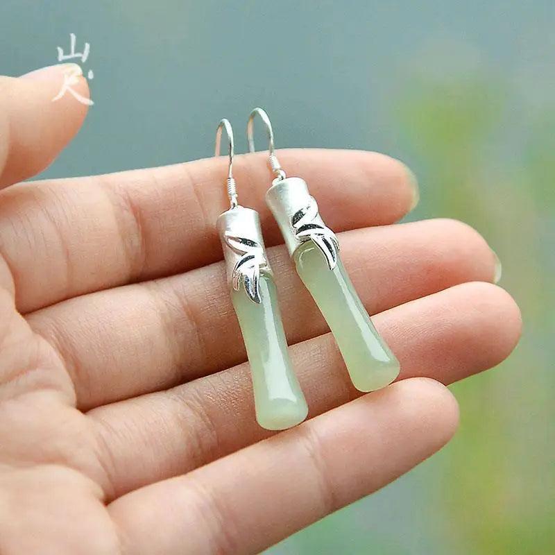 Natural Hetian Jade Bamboo Earrings 925 Sterling Silver Jade Eardrops