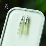 Natural Hetian Jade Bamboo Earrings 925 Sterling Silver Jade Eardrops