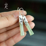 Natural Hetian Jade Bamboo Earrings 925 Sterling Silver Jade Eardrops