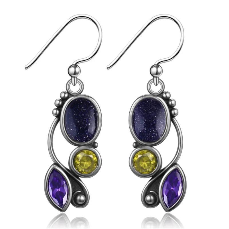 Sandstone Drop Earrings 925 Sterling Silver Zircon Inlaid Fine Jewelry