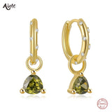 925 Silver Olive Green CZ Triangle Earrings Purple Crystal Circle Drop Earrings