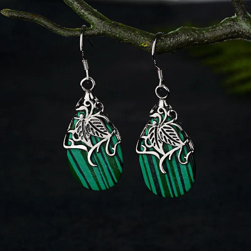 Natural Green Malachite Hand Carved Drop Earrings 925 Silver Inlaid