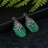 Natural Green Malachite Hand Carved Drop Earrings 925 Silver Inlaid