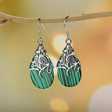 Natural Green Malachite Hand Carved Drop Earrings 925 Silver Inlaid