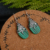 Natural Green Malachite Hand Carved Drop Earrings 925 Silver Inlaid