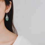Natural Green Malachite Hand Carved Drop Earrings 925 Silver Inlaid