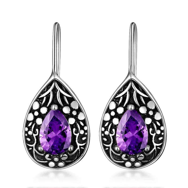 925 Silver Drop Pear Retro Earrings Purple Zircon Dangle Jewelry