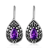 925 Silver Drop Pear Retro Earrings Purple Zircon Dangle Jewelry