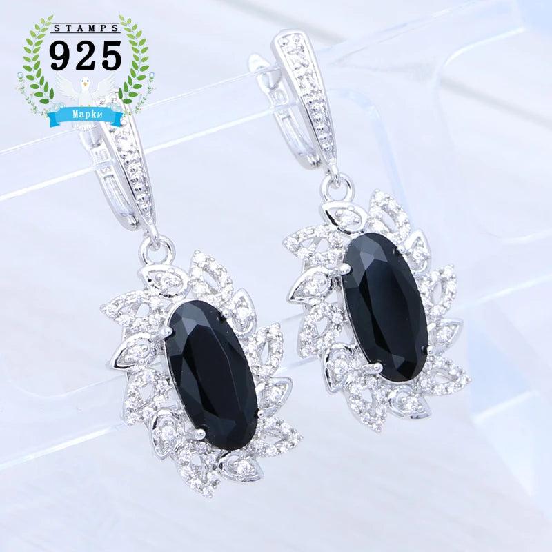 925 Silver Oval Spinel Stone Crystal Flower Earrings - Punk Style
