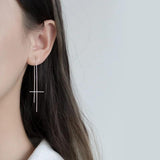 Women 925 Sterling Silver Tassel Cross Drop Earrings