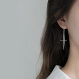 Women 925 Sterling Silver Tassel Cross Drop Earrings