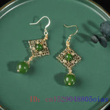 Green Jade Bead Earrings Chalcedony Jewelry Women 925 Silver Crystal