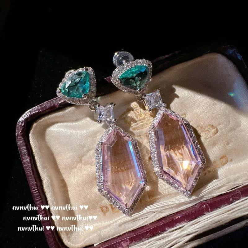 Long Pink Zircon Silver Earrings Geometric Dangles Gift