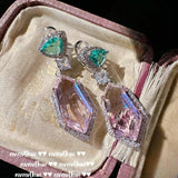 Long Pink Zircon Silver Earrings Geometric Dangles Gift