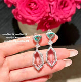 Long Pink Zircon Silver Earrings Geometric Dangles Gift