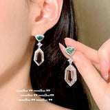 Long Pink Zircon Silver Earrings Geometric Dangles Gift