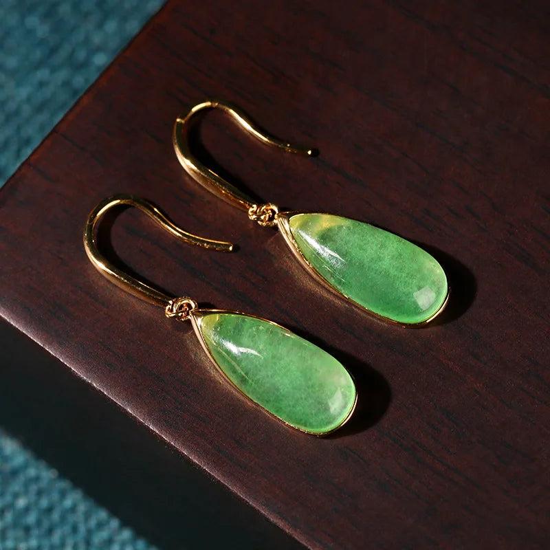 Vintage Natural Green Jade Water Drop Earrings 925 Silver Chinese Amulet Gift